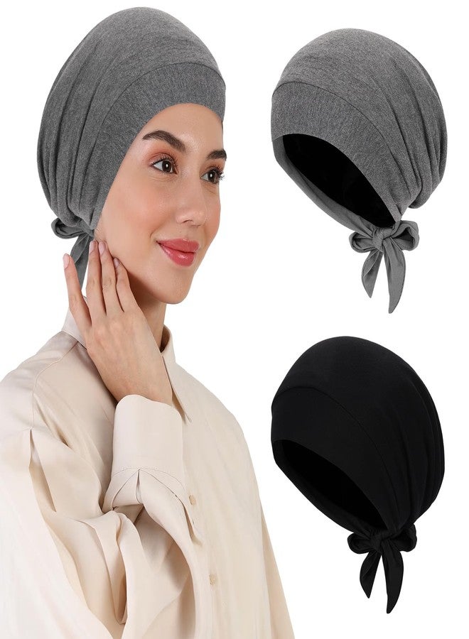 XEPST 2 PCS Hijab Undercap for Women, Islamic Muslim Under Hijab Cap Satin Lined Undercap Tie Back Bonnet Inner Head Scarf Head Wraps Hair Turbans for Women Chemo Headwear Sleep Cap, Black+Dark Grey - Image 1